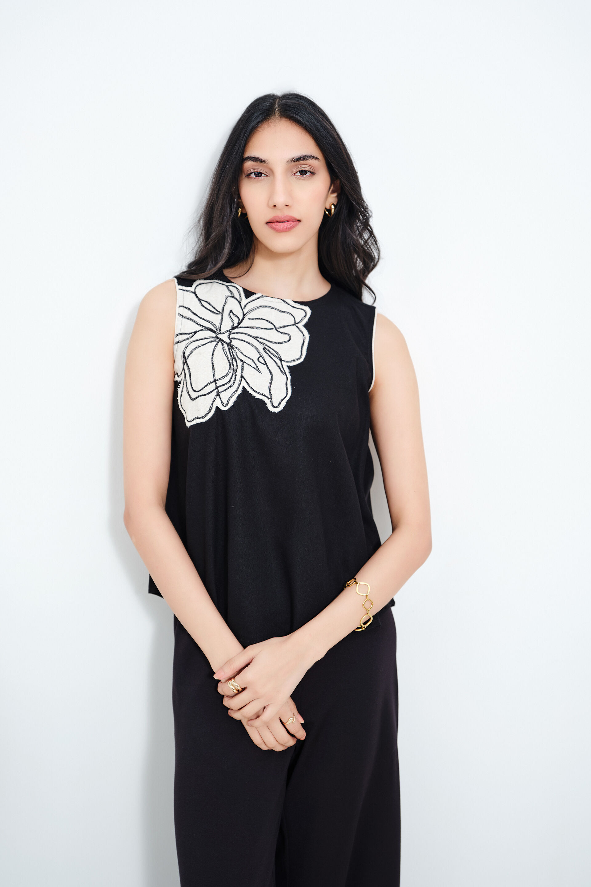 Night Garden Embroidered Black Linen Top, Black, image 2